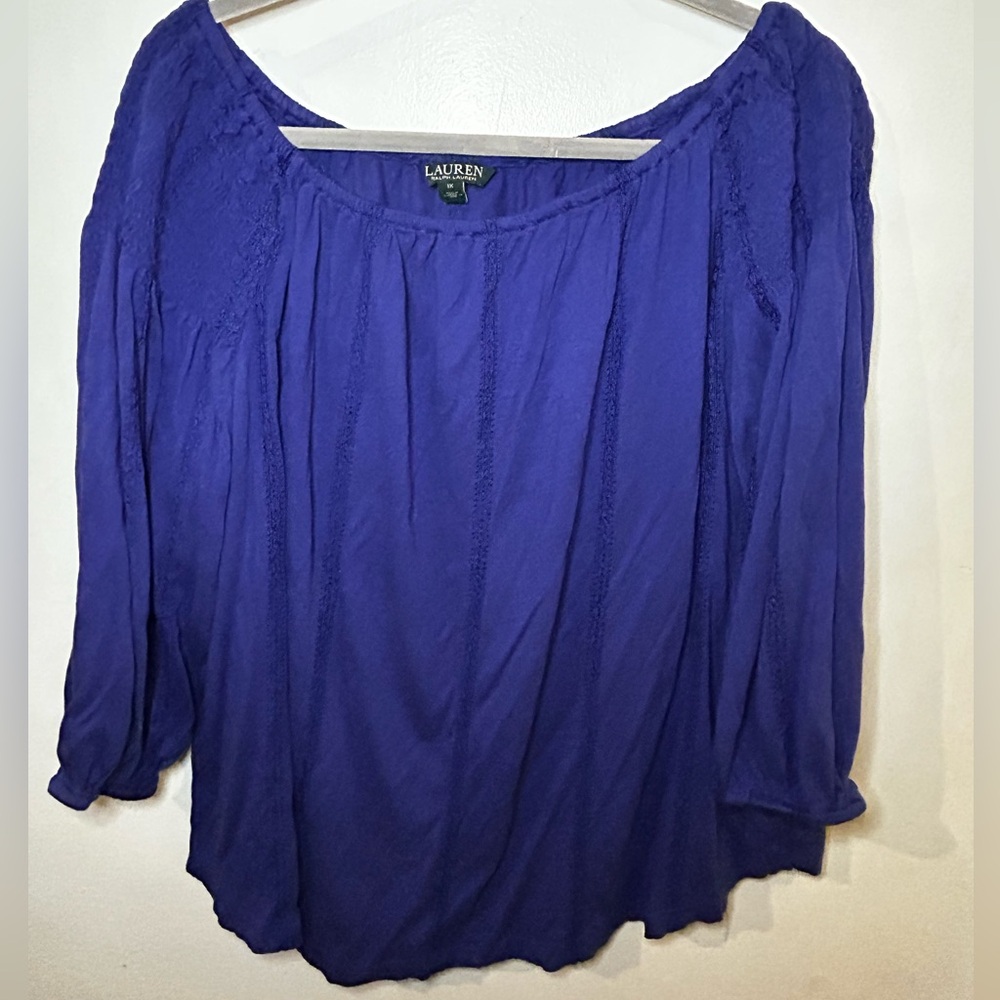 EUC Lauren Ralph Lauren Blue Embroidered Peasant Ruched 3/4 Sleeve Blouse sz 1x